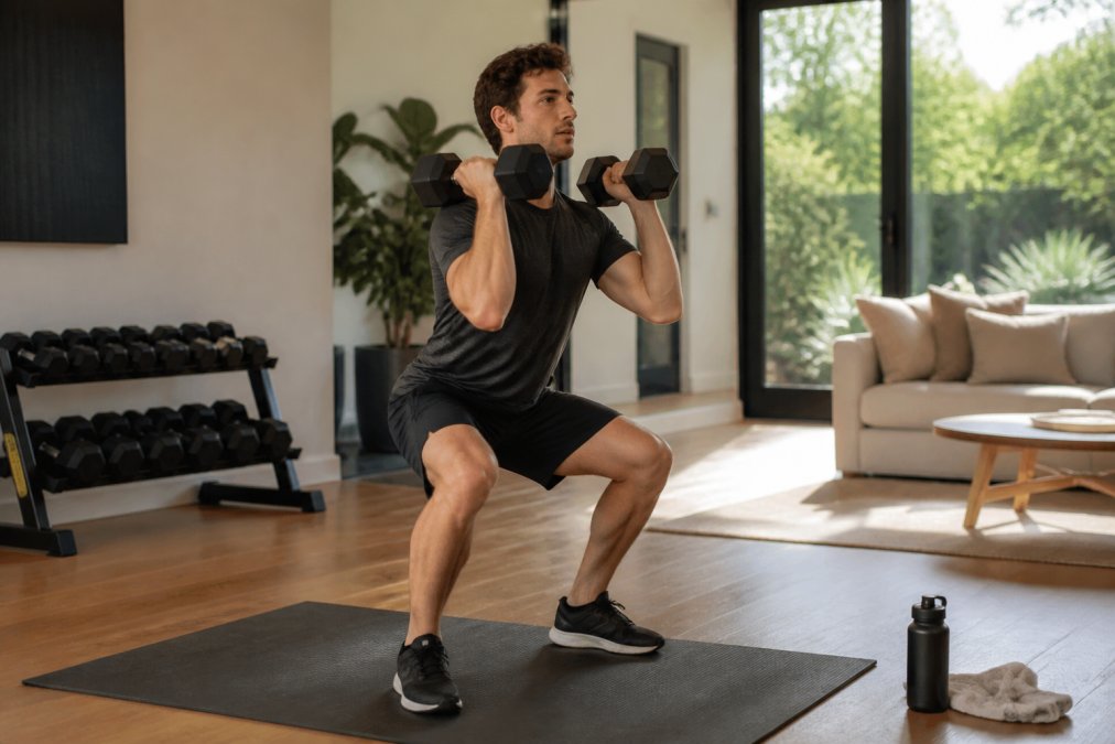 An athletic person performing a dumbbell thruster in a bright home gym, holding a 15 lb dumbbell in each hand at shoulder height, with a yoga mat and water bottle nearby