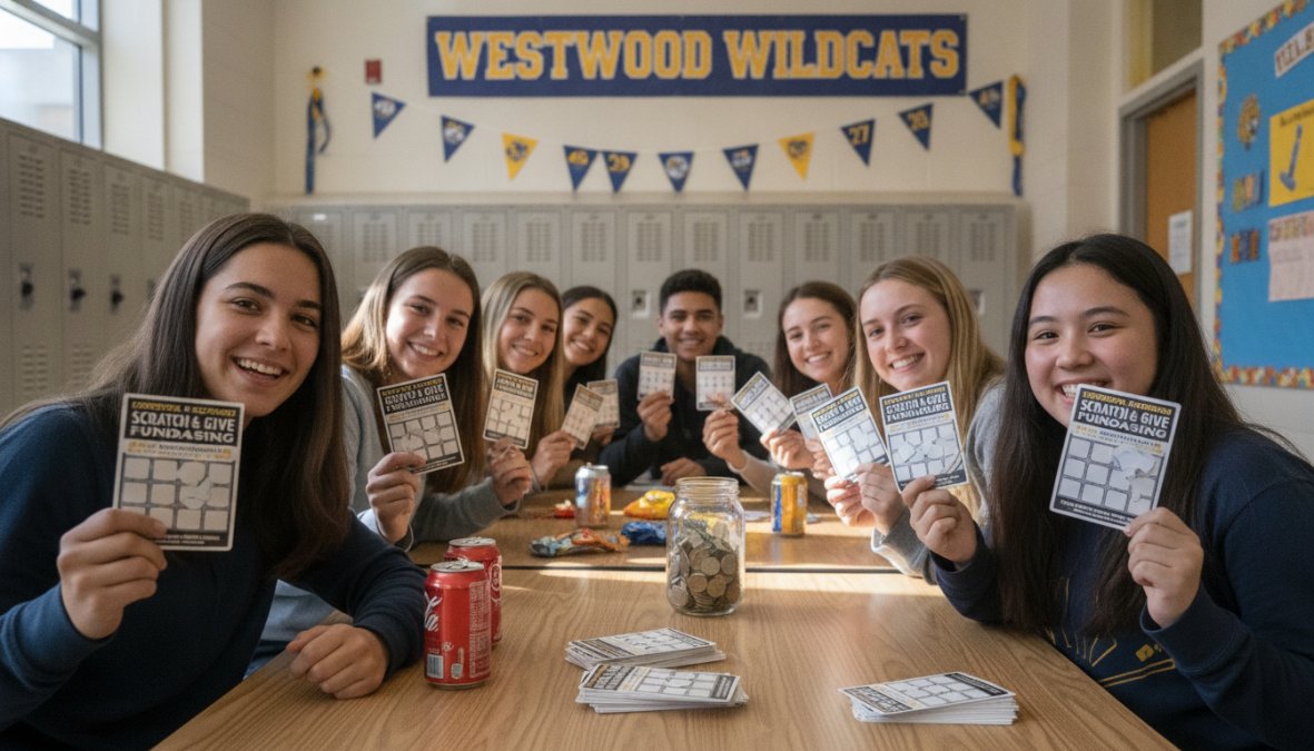 Diverse group of high school students gathered around a table with colorful scratch-off cards, smiling and holding them up, natural school setting with school spirit decorations and banners in background