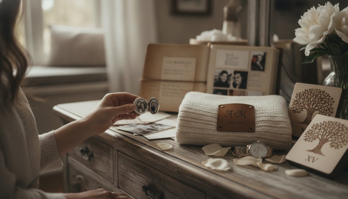 Woman opening a beautifully wrapped personalized gift box, smiling with genuine joy while holding an engraved keepsake or custom jewelry piece, warm natural lighting from a nearby window