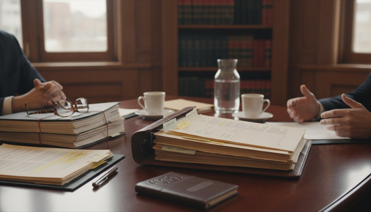 Criminal defense attorney meeting with client in professional law office, reviewing case documents at desk with legal files visible, natural office lighting