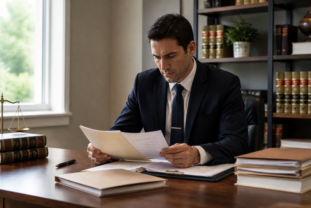 Criminal defense attorney in professional dark suit sitting at wooden desk reviewing case files and legal documents with focused expression in law office with natural lighting