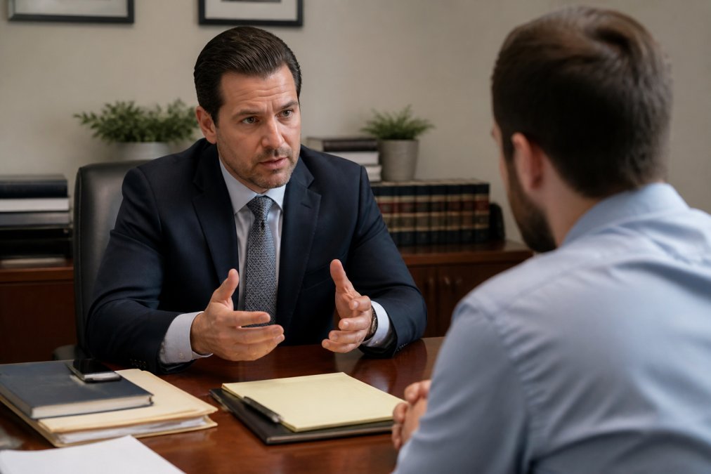 Criminal defense attorney and client in serious conversation across wooden desk in private office consultation, attorney explaining case details with focused expression while client listens intently