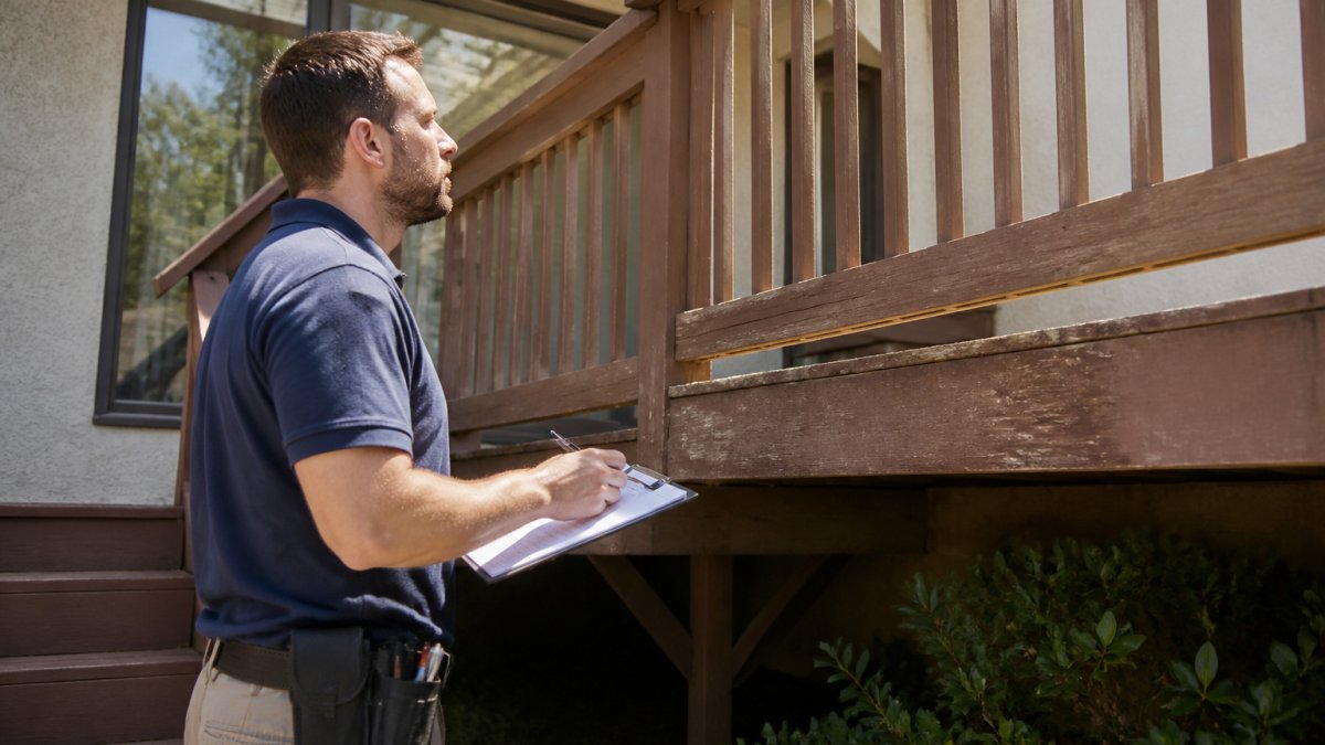 Professional inspector conducting visual assessment of a residential balcony, examining wood-framed railings and weathering damage with clipboard and measuring tools in natural daylight