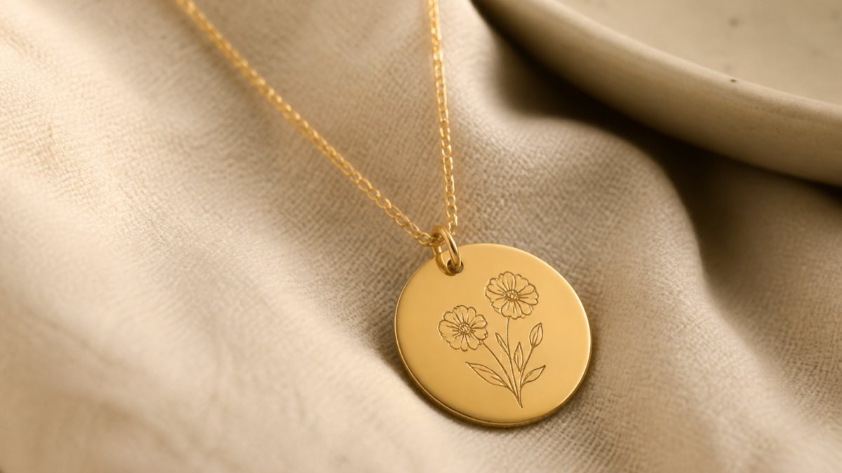 Close-up of delicate personalized necklace with custom engraved pendant displayed on soft cream fabric with warm golden lighting, showing fine detail of the engraving