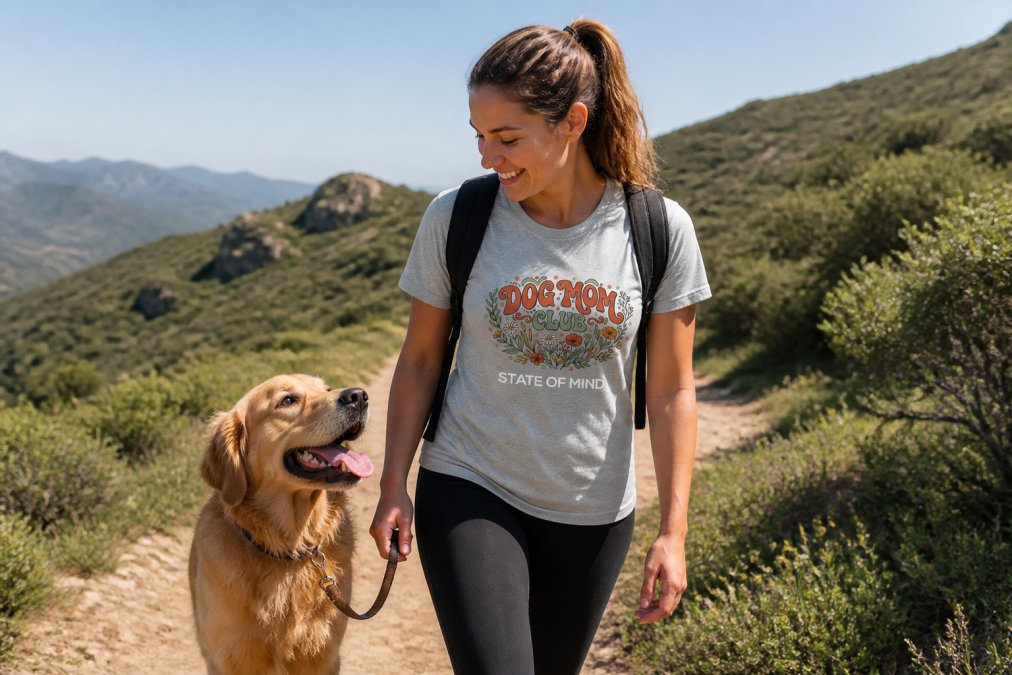 A dog mom and her golden retriever enjoying a scenic hiking trail together on a sunny day, with the dog on a leash and both looking happy and adventurous in natural outdoor lighting