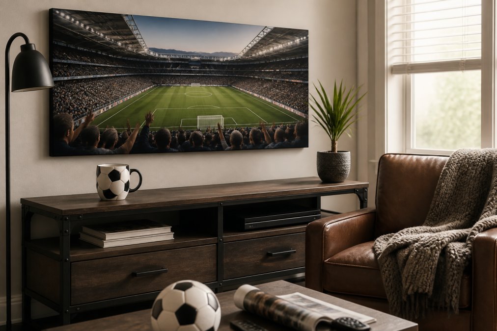 A cozy living room corner styled as a fan cave, with a framed stadium canvas print on the wall above a console table, a ceramic football mug on the table, and soft natural light coming through a window
