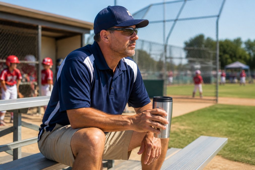 A baseball coach in a team polo holding a personalized travel mug on metal bleachers at a youth baseball field, with a dugout and batting cage visible in the background under bright afternoon sun
