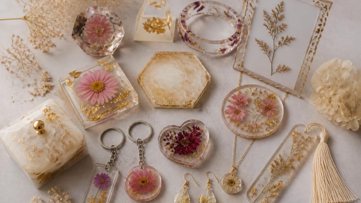Overhead flat-lay of assorted handmade resin gift items including keychains, jewelry, coasters, and photo frames arranged on a neutral surface with dried flowers and gold leaf accents
