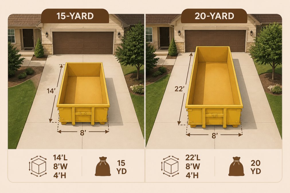 Side-by-side comparison of a 15-yard vs 20-yard dumpster in a residential driveway to show size differences.