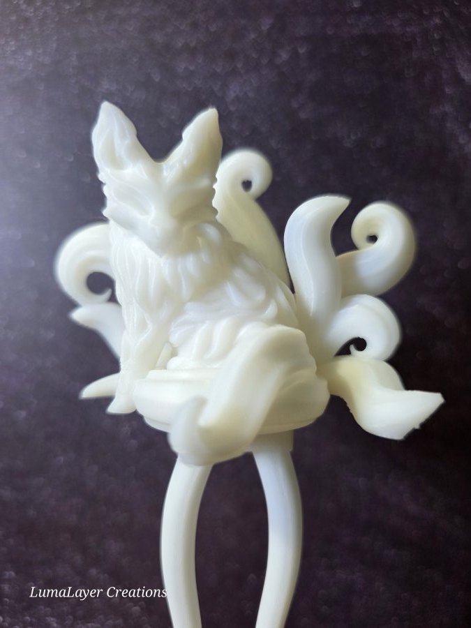 3d printed hair pin with gothic kitsune fox detail