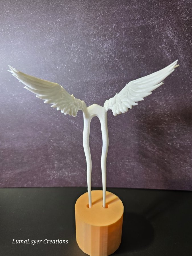 3d printed hair pin with gothic goddess wings detail