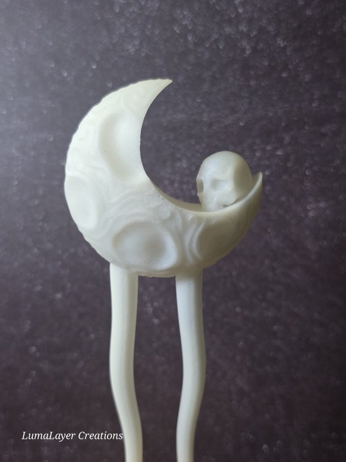 151103d printed hair pin with moon and skull detail