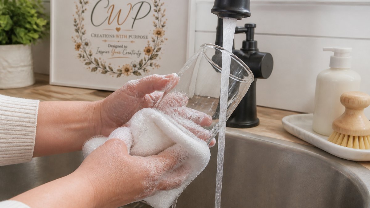 Hands carefully cleaning a 16 oz Libbey glass can with a lint-free cloth under warm water, showing soap suds and thorough drying technique
