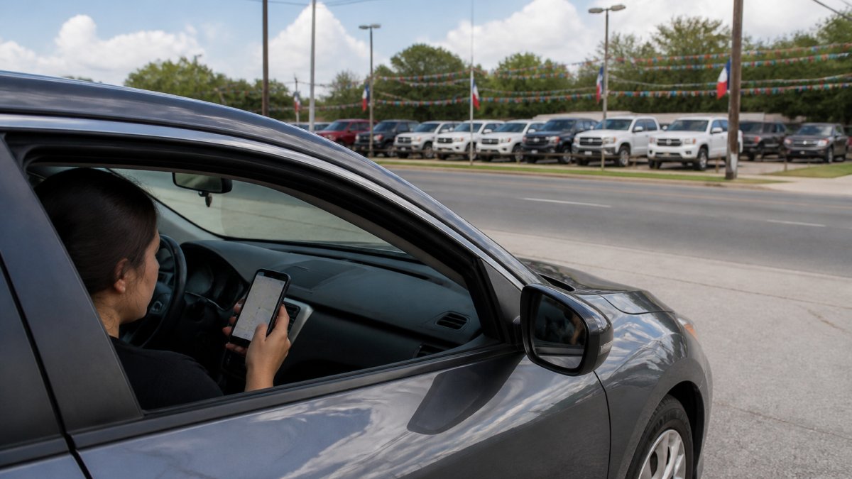 A driver in a sedan checking a phone map app while parked on a suburban Houston street, with a used car dealership lot visible ahead in daylight