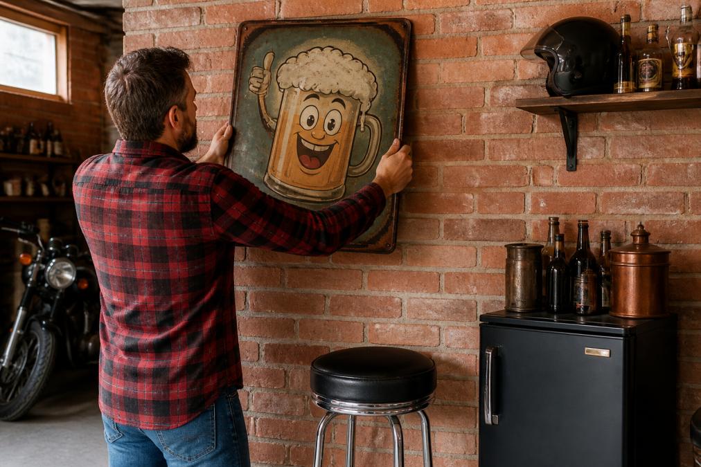 A man in a plaid shirt hanging a large novelty metal sign on a exposed brick wall in a garage, with a vintage bar stool and a mini fridge visible in the background
