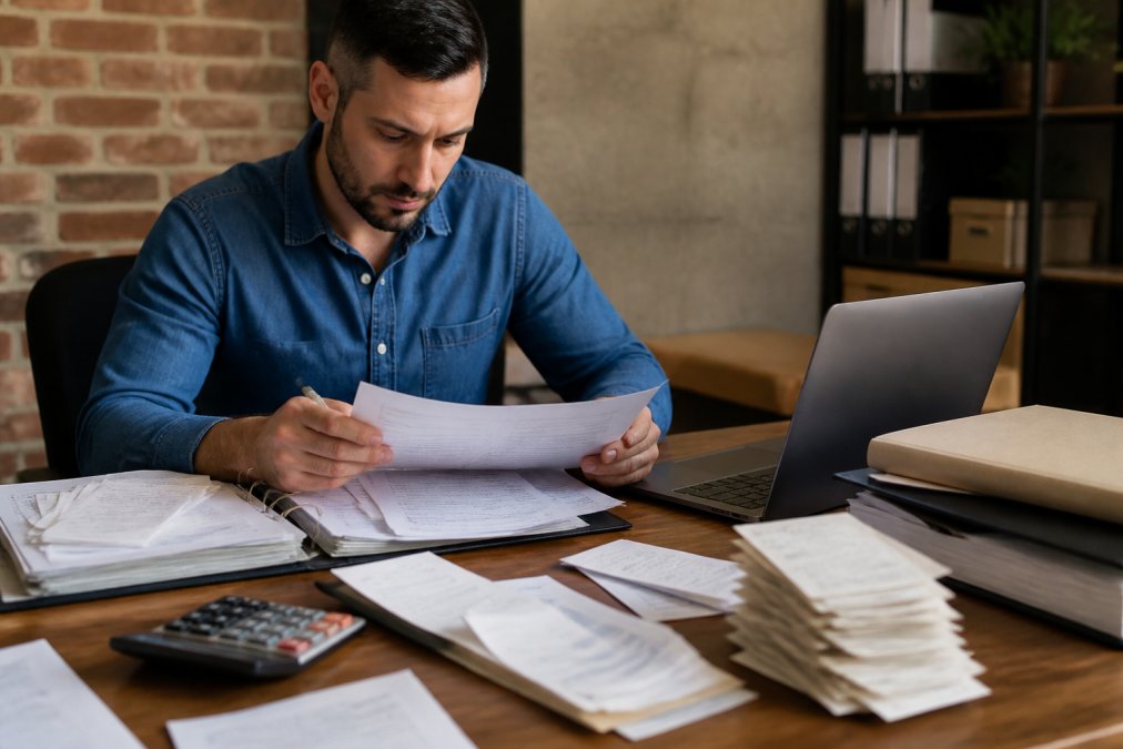 Professional contractor sitting at desk reviewing financial documents and bank statements on laptop, with organized folders, receipts, and calculator in natural office lighting