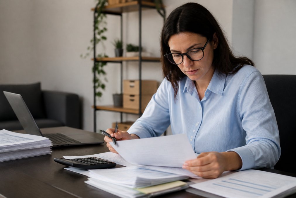 Small business owner reviewing financial documents and bookkeeping records at a desk with a laptop and calculator visible, natural office lighting