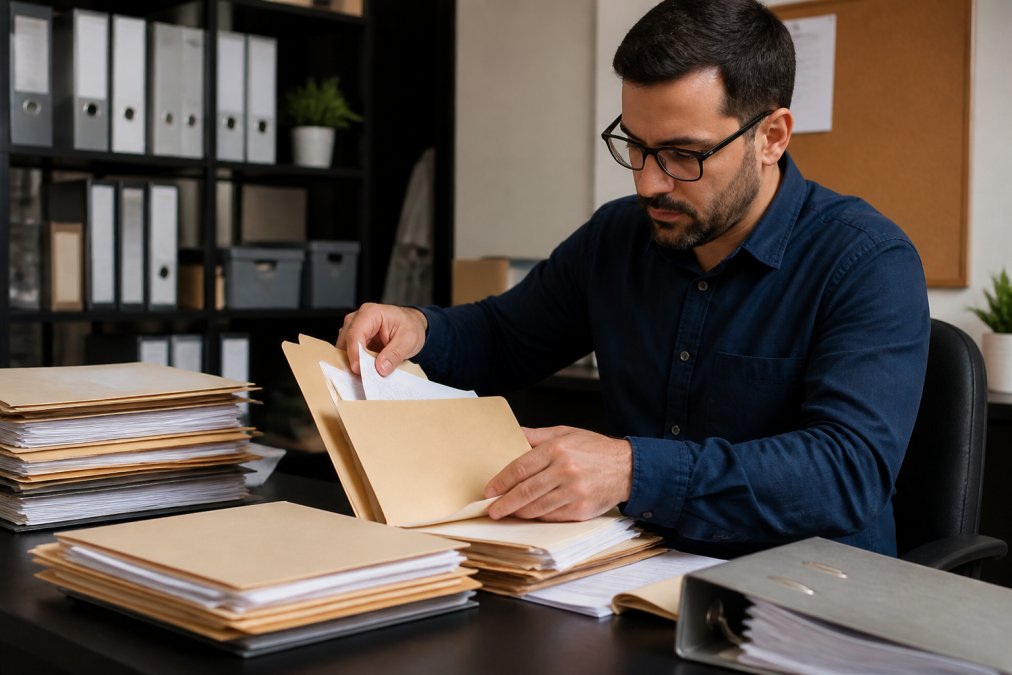 Professional accountant organizing and transferring financial files and documents in an office setting, with filing systems and digital screens visible