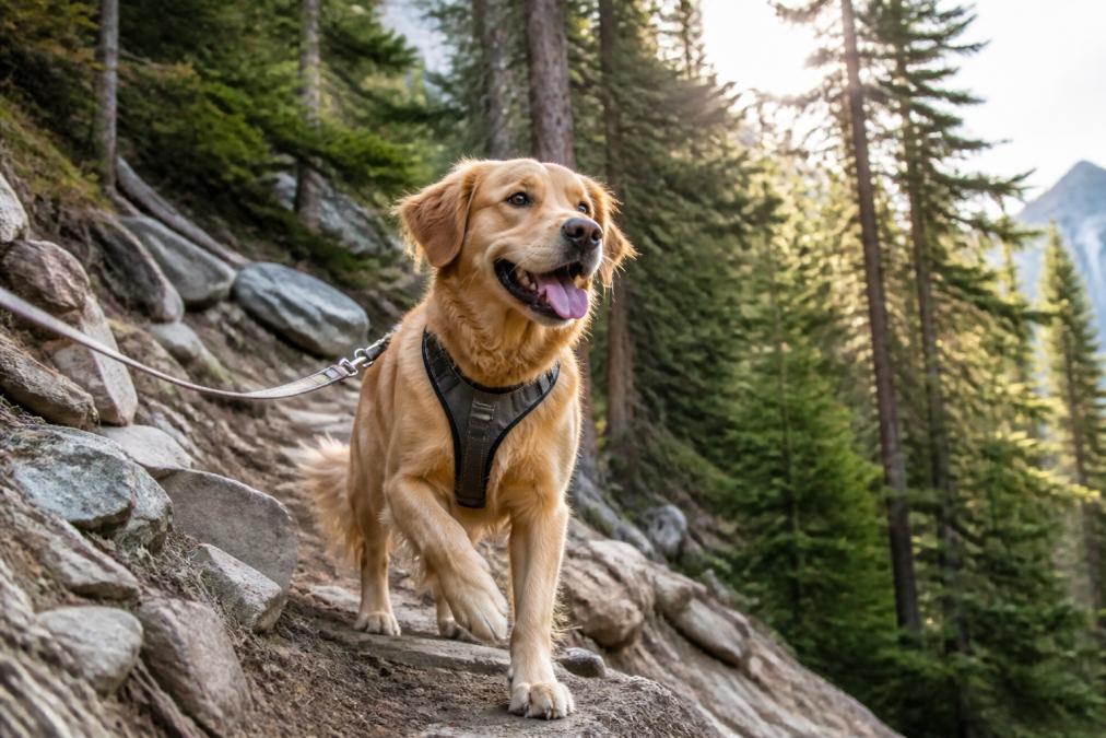 Active golden retriever wearing a front-clip adventure harness with padded chest panel on a mountain trail, harness straps visible and secure during uphill hiking with natural sunlight filtering through trees