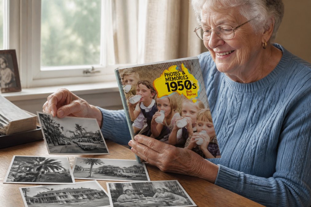Elderly person holding a vintage Australian 1950s photo history book, smiling while examining black and white photographs of suburban streets and family scenes, seated in natural afternoon light by a window