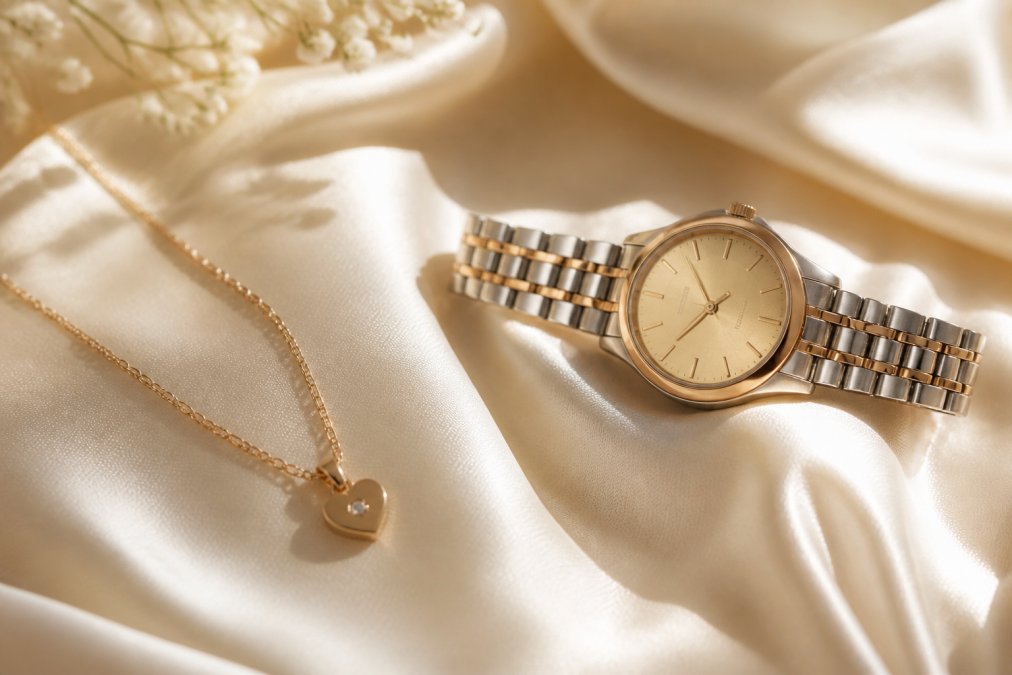 Close-up of delicate gold necklace and stainless steel watch displayed on soft cream fabric with warm natural window lighting, showcasing fine jewelry detail and quality craftsmanship