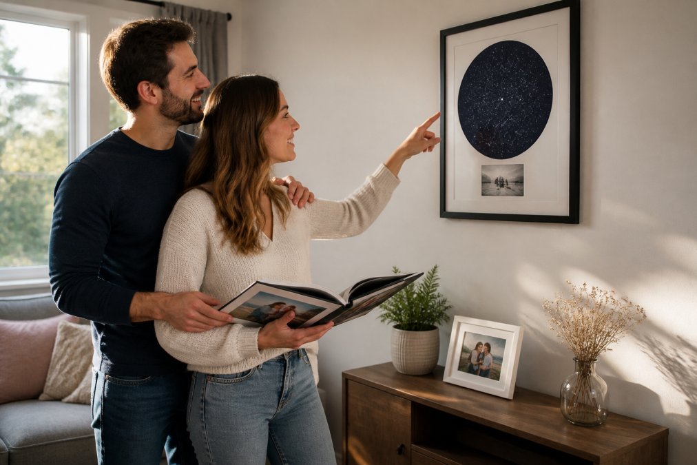 Young couple standing in modern living room, admiring a personalized photo album and custom star map print on their wall together, both smiling and pointing at the artwork with soft afternoon light streaming through windows