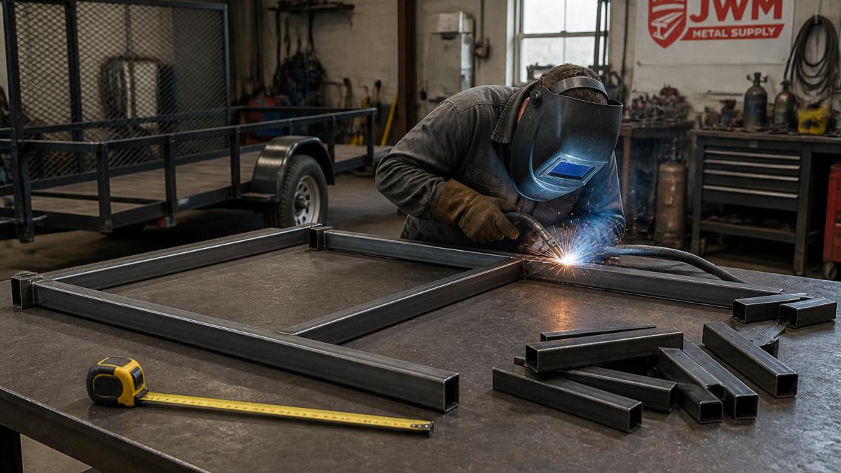 Fabricator welding a rectangular steel tube frame for a utility trailer on a workbench in a home workshop