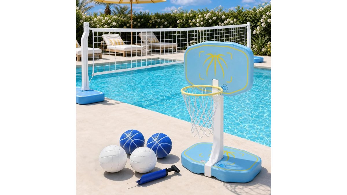 A family splashing in a sunny backyard pool while playing with a green and blue inflatable volleyball net and basketball hoop set, water droplets mid-air, candid afternoon light