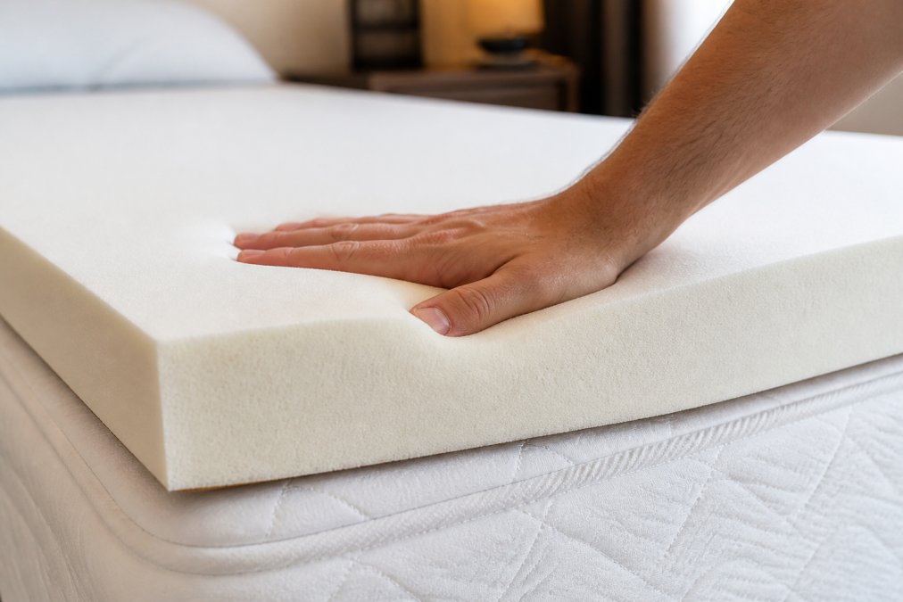 A hand pressing into a white 2-inch memory foam mattress topper on a bed, showing the foam contouring under pressure with visible density
