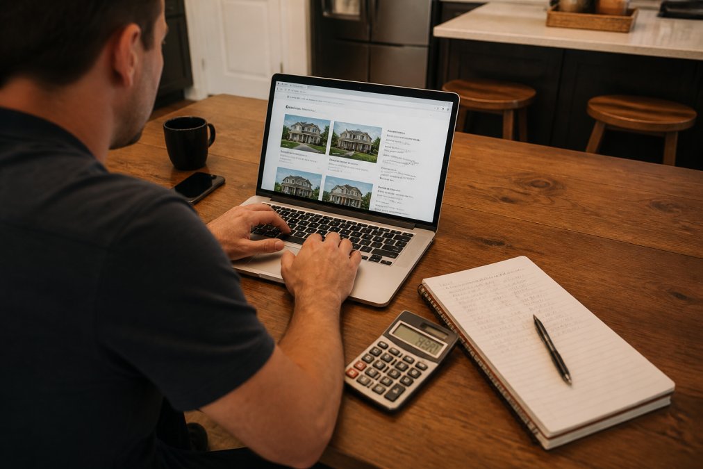 A real estate investor reviewing property listings on a laptop at a kitchen table, with a calculator and notepad showing handwritten rent and price figures nearby