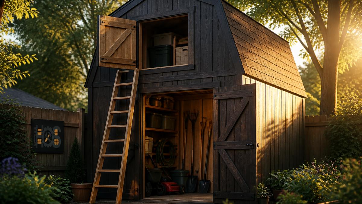 Two-story backyard shed with an open loft, wooden ladder, and organized garden tools in the late afternoon sun.