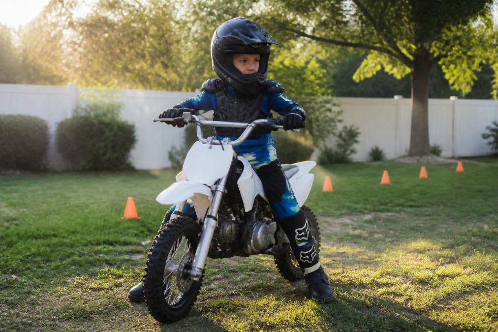 Young child in full safety gear (helmet, chest protector, gloves, boots) sitting on a 4-stroke dirt bike with both feet barely touching the ground, hands gripping the bars with focus, in a quiet backyard training area with morning sunlight