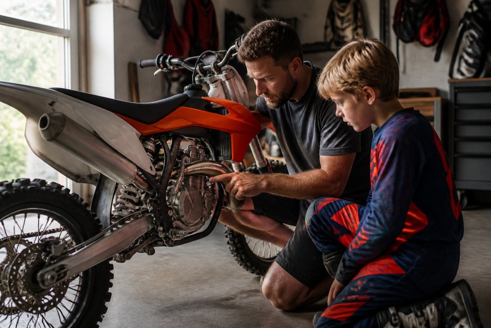 Parent and child together in a garage examining a used dirt bike, parent pointing to the engine area while child watches closely, bright natural light from a window illuminating the bike