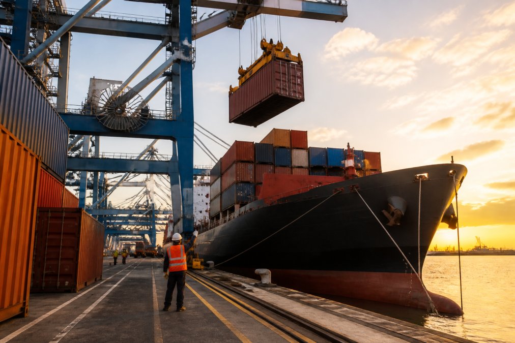 A stack of 20 ft shipping containers being loaded onto a large cargo vessel at a busy port, with gantry cranes and dockworkers visible against late afternoon light