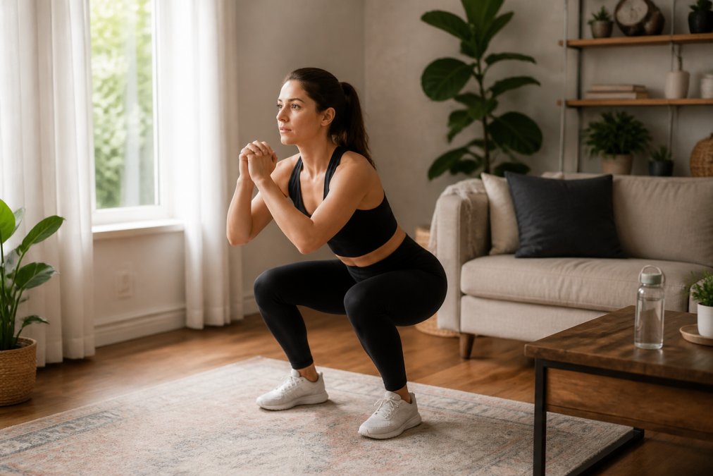 Person performing a burpee with proper form in a bright home living room, demonstrating explosive lower body engagement and controlled upper body positioning