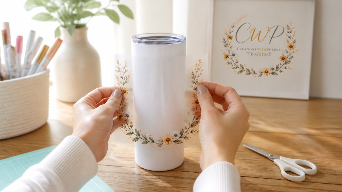 Hands carefully positioning a UV DTF wrap around a clean 20 oz tumbler, checking alignment before removing backing, in natural daylight