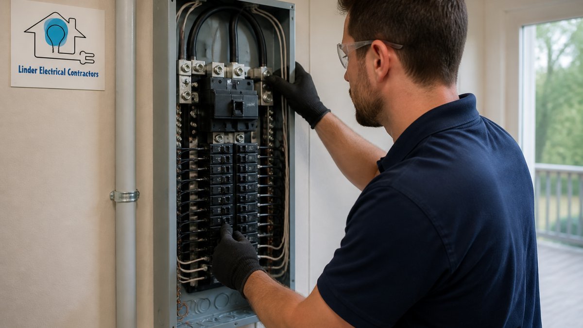 Licensed electrician installing a new 200-amp electrical panel in a residential home, showing the main breaker and service entrance connections