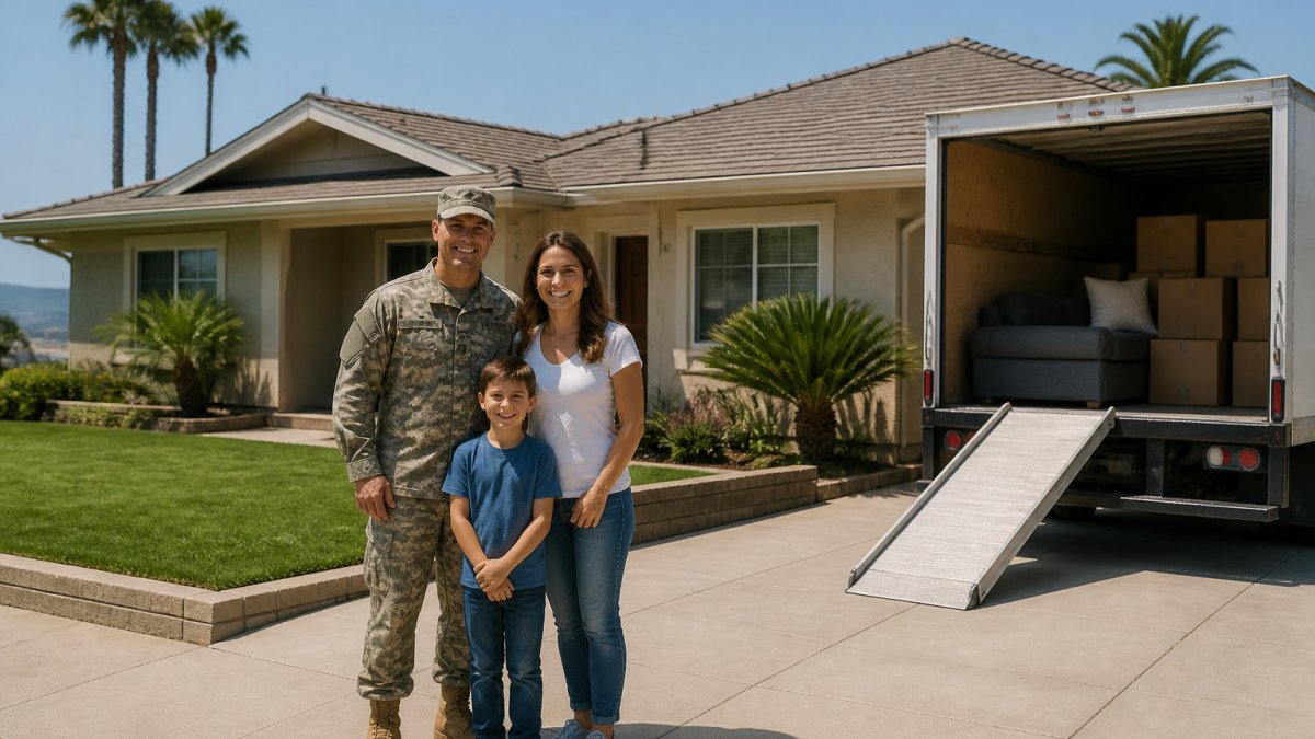 A uniformed service member and family standing in front of a modest single-family rental home with a moving truck in the driveway, sunny coastal Southern California neighborhood