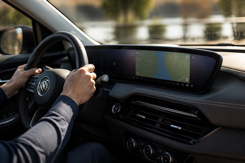 Infographic showing Buick Enclave features highlighting the ultrawide dashboard display and navigation system.