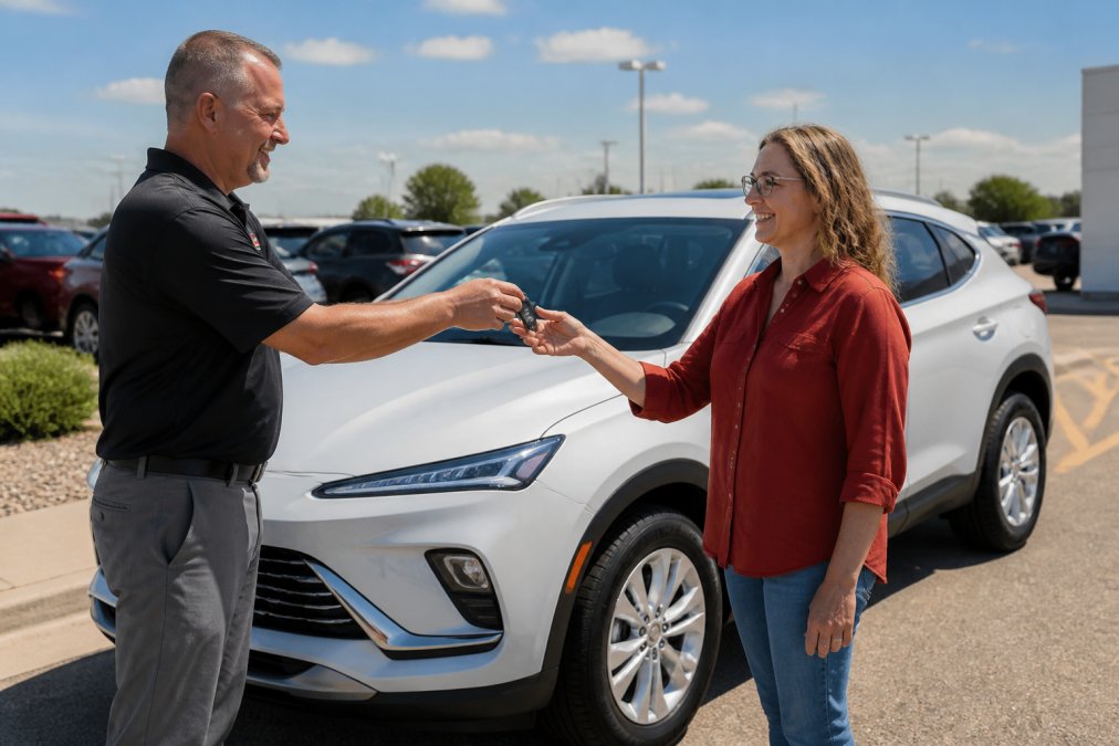 A friendly dealership sales professional handing car keys to a customer beside a new Buick Envista on a sunny lot in Newton, Iowa