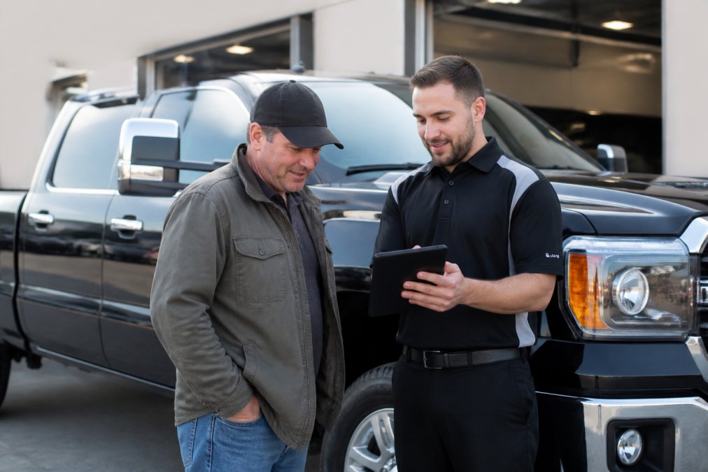 A modern 2026 diesel pickup truck parked in front of a clean, well-lit service drive at a dealership, with a service advisor in a branded uniform reviewing a tablet with the owner