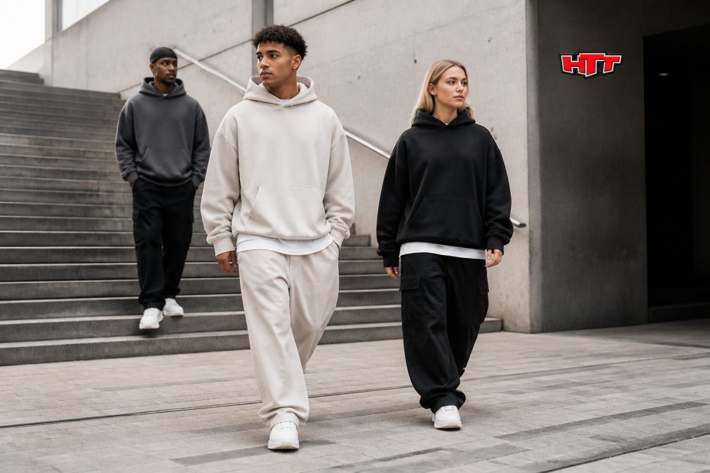 Jeunes adultes portant des hoodies oversize et des vêtements streetwear à la coupe décontractée, au design minimaliste et dans une palette de couleurs neutres, en milieu urbain, à la lumière naturelle du jour