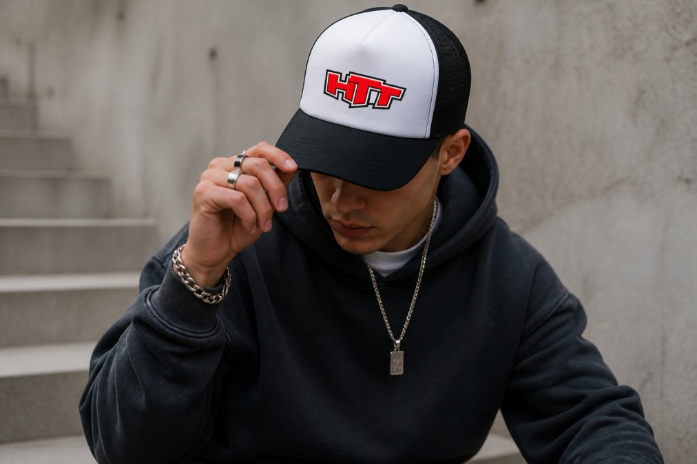 Gros plan sur une personne portant une casquette trucker structurée avec une tenue streetwear décontractée, mettant en valeur la coupe et les détails du style, lumière naturelle