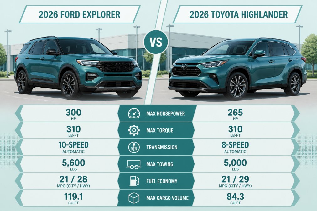 A 2026 Ford Explorer and a 2026 Toyota Highlander parked side by side in a dealership lot, both three-row SUVs facing slightly toward each other in daylight