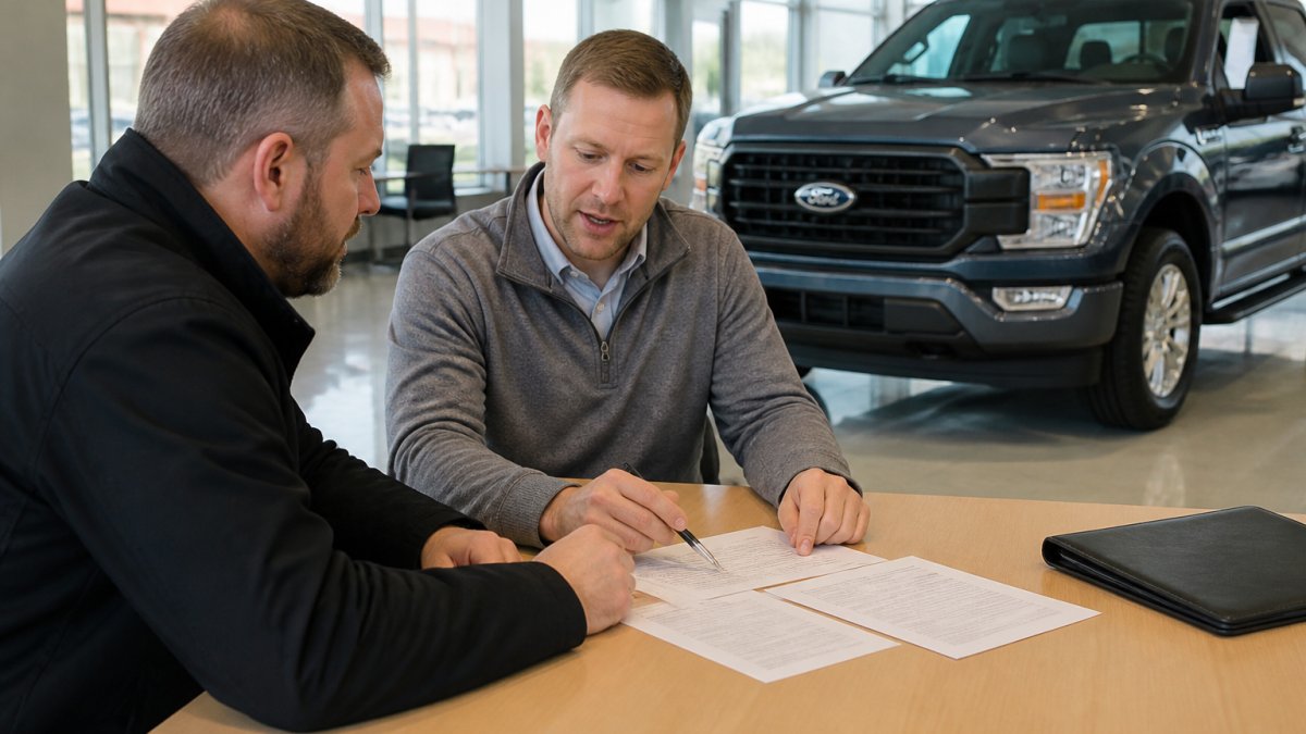 A sales consultant and a customer reviewing a lease and finance worksheet beside a 2026 Ford F-150 in a bright dealership showroom