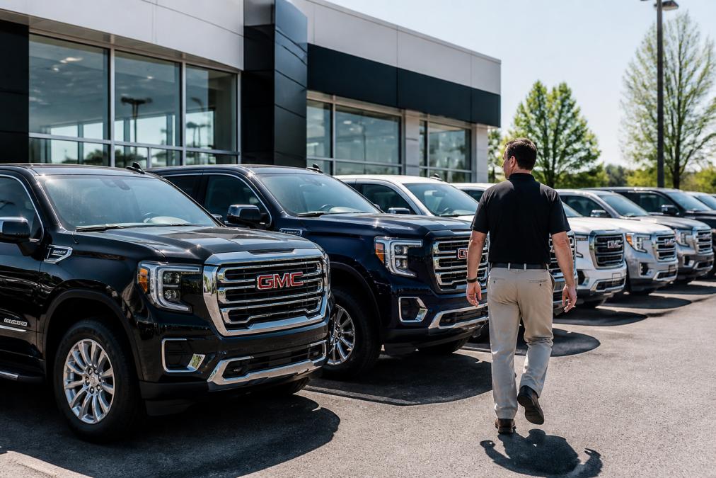 A row of new GMC trucks and SUVs parked outside a modern dealership in bright daylight, hoods reflecting the sun, a salesperson walking toward the first vehicle