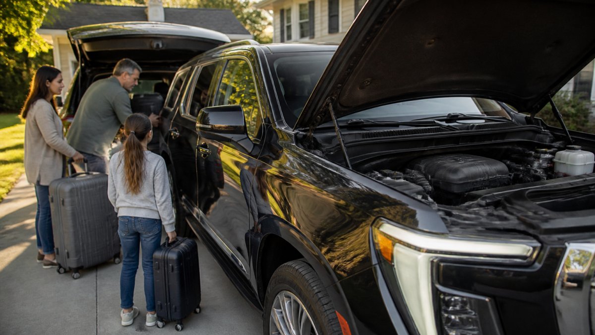 A family loading suitcases into the cargo area of a large dark SUV in a suburban driveway on a bright morning, hood raised to show the engine bay