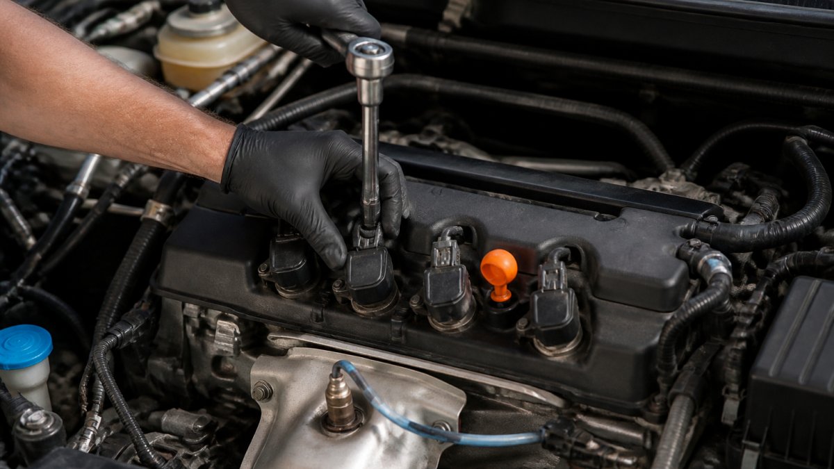A mechanic's gloved hands using a socket wrench to remove an ignition coil from a four-cylinder engine bay, with the valve cover and surrounding components visible