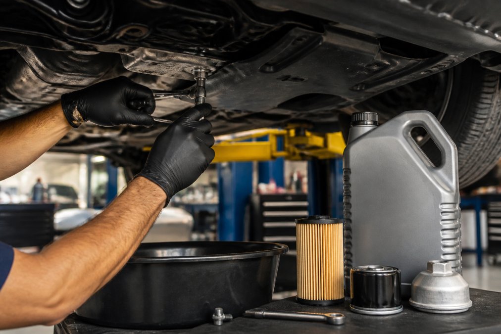 Hands performing an oil change on a 2026 Jetta engine, showing the drain plug being removed, filter wrench positioned on the oil filter, and a fresh container of OEM-spec oil with parts boxes arranged on a workbench