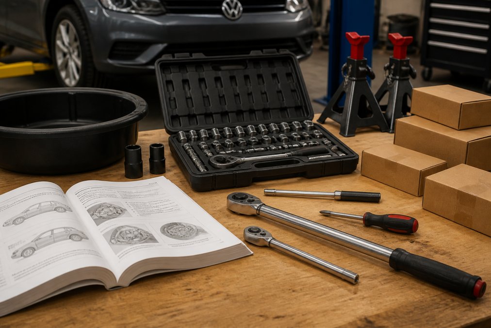 Organized workbench with essential maintenance tools laid out: socket set, torque wrench, jack stands, OEM parts boxes, drain pan, and a 2026 Jetta service manual spread open, showing proper tool organization for DIY service